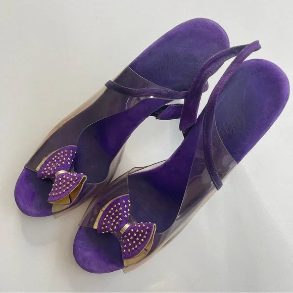 Vintage Onex Purple Gold Clear Studded Bow Retro Slingback Heels 80s 90s Size 9 - Picture 3 of 10